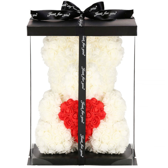 Rozen Beer | Rozenbeer | Rose Bear | Rozen Teddybeer | Liefde | Inclusief Giftbox | 36 x 26 x 26 cm | Wit/Rood