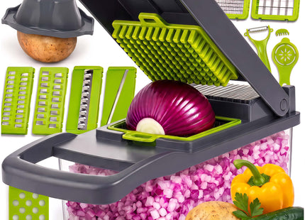 Groentesnijder 7-in-1 – Multifunctionele groenterasp – Met opvangbak en accessoires – Grafiet/Groen