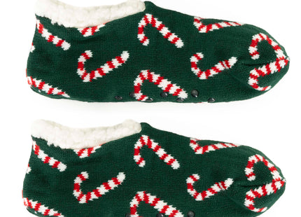 Kerstslippers – Donkergroen – Maat 37-41 – Warme Gevoerde Pantoffels met Antislip – Kerstmotief met Zuurstokken