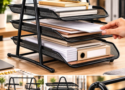 Springos® Bureau Organizer met 3 Uitschuifbare Laden – Metalen Documentenhouder A4 – Zwarte Brievenbak met 3 Niveaus – Bureau Opberger voor Kantoor en Thuis