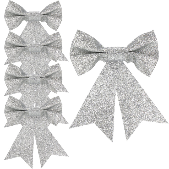 Kerstboomhanger | Strik | Zilver |  Glitter | 4 Stuks | 13 Cm