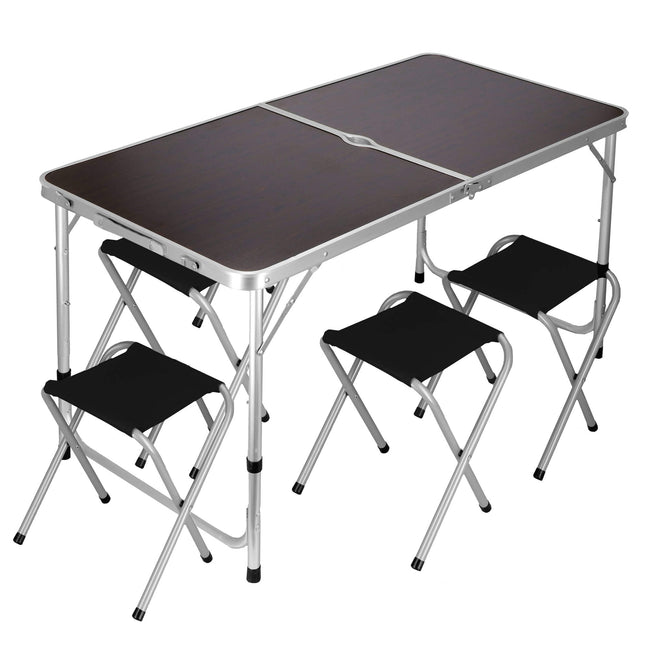 Campingtafel - Inklapbaar -  Verstelbaar Inclusief Stoelen - Donkerbruin/Zwart  - 120 x 60 x 70 cm
