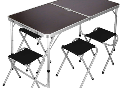 Campingtafel - Inklapbaar -  Verstelbaar Inclusief Stoelen - Donkerbruin/Zwart  - 120 x 60 x 70 cm