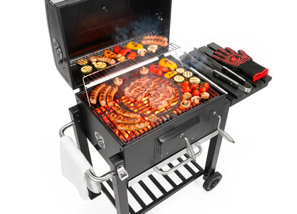 Houtskool barbecue - Op Wielen - BBQ - Asopvangbak - Thermometer - Kunststof - RVS - Zwart