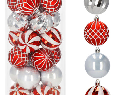 Kerstballen | 24 Stuks | 6 cm | Zilver/Rood/Grijs