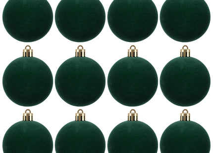 Kerstballen 12 Stuks – Donkergroen – Fluwelen Kerstboomversiering – Onbreekbare Kerstballen 5,5 cm – Inclusief Ophangkoorden