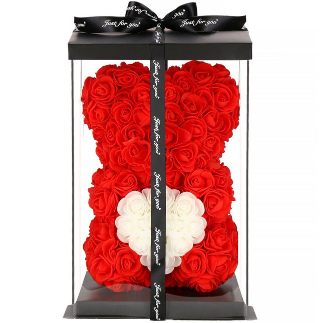 Rozen Beer | Rozenbeer | Rose Bear | Rozen Teddybeer | Liefde | Inclusief Giftbox | 25 x 17 x 16 cm | Rood / Wit