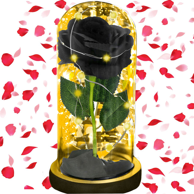 Eeuwige Roos - Geschenkbloem - LED - Decoratie - In Glas - Valentijnsdag- Zwart - 21 cm