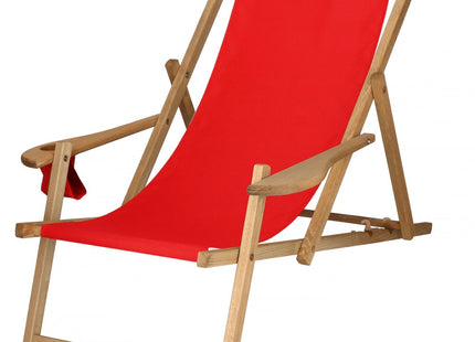 Ligbed | Strandstoel | Ligstoel | Verstelbaar | Armleuningen | Beukenhout | Geïmpregneerd | Handgemaakt | Rood
