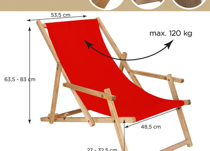 Ligbed | Strandstoel | Ligstoel | Verstelbaar | Arm Leuning | Beukenhout | Geïmpregneerd | Handgemaakt | Rood