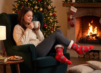 Kerstsokken  – Rood – Maat 40-44 – Warme Gevoerde Sokken met Antislip – Rendieren en Sneeuwvlokken – Zachte Wintersokken