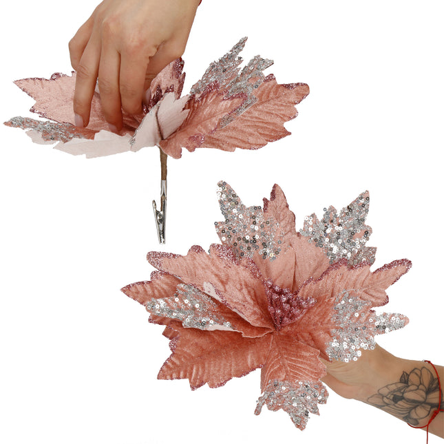 Kunstbloem Met Clip- Ster van Bethlehem - Roze - Glitters