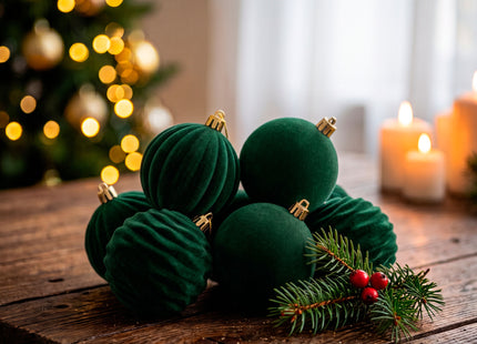 Kerstballen 12 Stuks – Donkergroen – Fluwelen Kerstboomversiering – 3 Verschillende Designs – Onbreekbare Kerstballen 5,5 cm – Inclusief Ophangkoorden