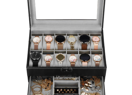 Horlogedoos -Sieradendoos - Horlogebox - Horlogeopberger - Zwart - 12 Horloges - 30x20x13 Cm