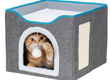 Kattenmand - Kattenhuis - Bed - Kussen - Krabpaal - 42 x 41 x 34 cm - Grijs - Blauw