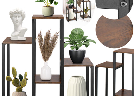 Plantenrek | Plantenstandaard | Plantentrap | 6 Niveaus | Metaal | Hout | Zwart | Donkerbruin