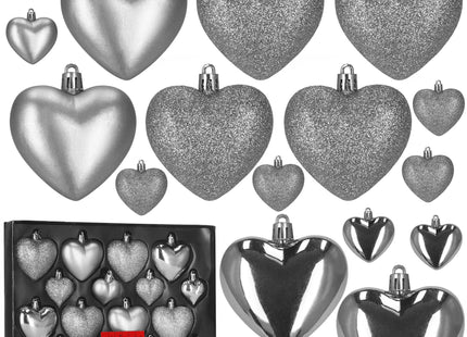 Kerstballen | 16 Stuks | 5/6/7 cm | Zilver | Hartjes