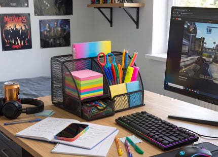 Springos® Bureau Organizer Zwart – Metalen Pennenhouder met 6 Vakken en Uitschuifbare Lade – Bureau Opberger voor Kantoorartikelen – 22 x 14 x 13 cm