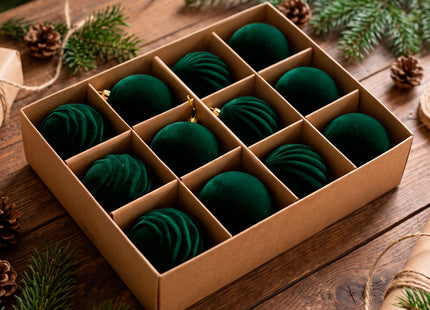 Kerstballen 12 Stuks – Donkergroen – Fluwelen Kerstboomversiering – 3 Verschillende Designs – Onbreekbare Kerstballen 5,5 cm – Inclusief Ophangkoorden