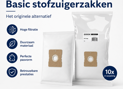 SQOON®  Stofzuigerzakken Basic  Geschikt voor UNI Bag (Inventum ST306 / ST307 / ST308, Sauber, Waves, Gamma) - High Filtration - 10 Stuks