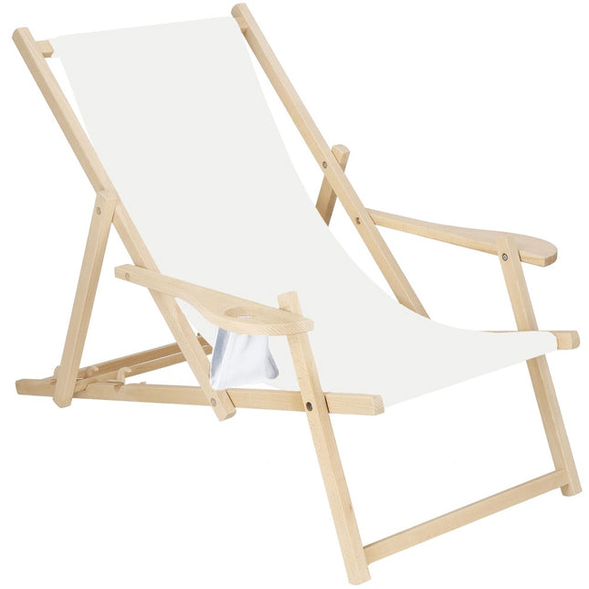 Ligbed | Strandstoel | Ligstoel | Verstelbaar | Armleuningen | Beukenhout | Handgemaakt | Wit