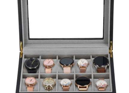 Horlogedoos - Horlogebox - Horlogeopberger - Klikgesp - Zwart - Grijs - 10 Horloges - 26,5 x 20 x 8 cm
