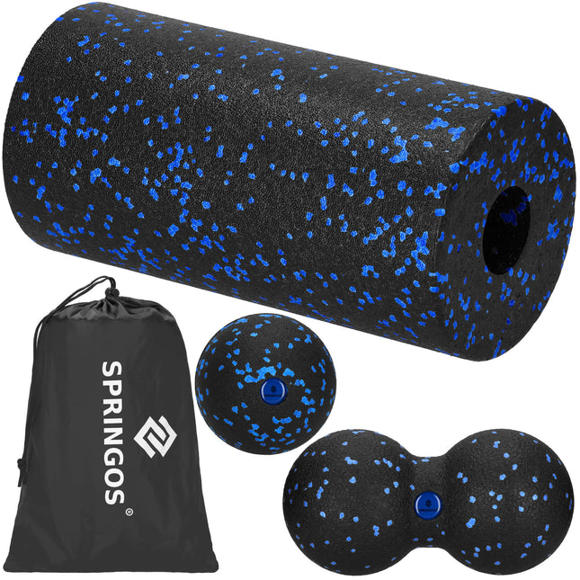 Massageset | Foamroller | Massagebal | Hoes | Blauw/Zwart