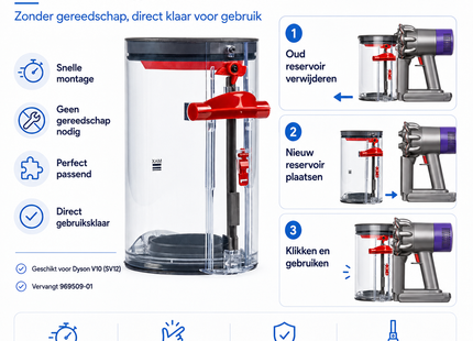 SQOON® Stofreservoir geschikt voor Dyson V10/SV12 - Gelijk aan model: 969509-01 - Groot formaat 195 mm - Ideale vervanging voor versleten opvangbak