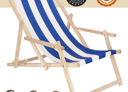 Ligbed | Strandstoel | Ligstoel | Verstelbaar | Arm Leuning | Beukenhout | Handgemaakt | Blauw Wit