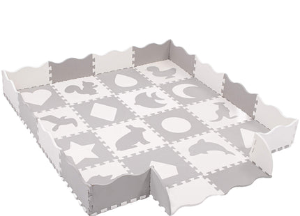 Speelmat | Speelmat Foam | Puzzelmat | Figuren | Dieren | 16 Puzzelstukken | Crème/Grijs  | 150 x 150 cm