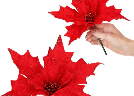 Kunstbloem - Rode Poinsettia - Ster van Bethlehem - Rood - Glitters