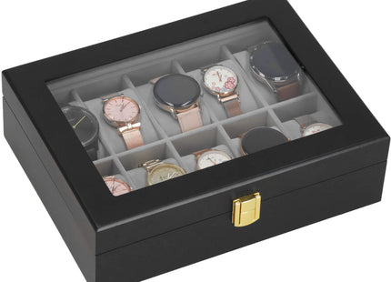 Horlogedoos - Horlogebox - Horlogeopberger - Klikgesp - Zwart - Grijs - 10 Horloges - 26,5 x 20 x 8 cm