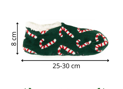 Kerstslippers – Donkergroen – Maat 37-41 – Warme Gevoerde Pantoffels met Antislip – Kerstmotief met Zuurstokken