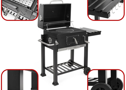 Houtskool barbecue - Op Wielen - BBQ - Asopvangbak - Thermometer - Kunststof - RVS - Zwart