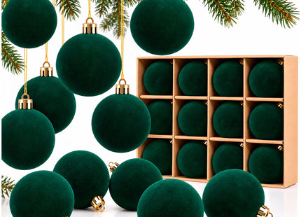 Kerstballen 12 Stuks – Donkergroen – Fluwelen Kerstboomversiering – Onbreekbare Kerstballen 5,5 cm – Inclusief Ophangkoorden