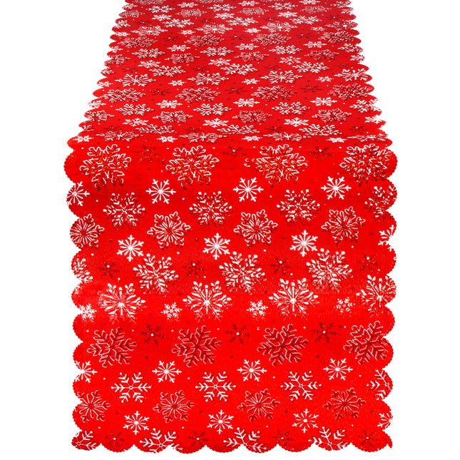 Tafelkleed -Kerst - Sneeuwvlok - Rood - Polyester - 187 x 34 CM