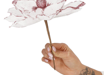 Kunstbloem - Kunststof - Magnolia - Wit - Roze - Glitters