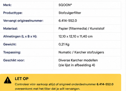 SQOON - Stofzuigerfilter - Model 6.414-552.0 - geschikt Karcher/Kärcher WD1, WD2, WD3 cilinder model