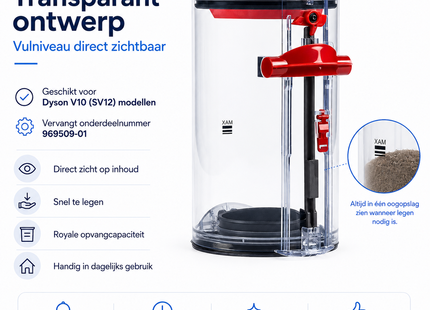 SQOON® Stofreservoir geschikt voor Dyson V10/SV12 - Gelijk aan model: 969509-01 - Groot formaat 195 mm - Ideale vervanging voor versleten opvangbak