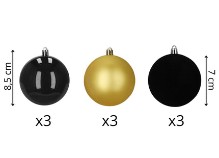 Kerstballen | 9 Stuks | 8,5 cm | Goud/Zwart