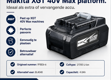 SQOON® Accu geschikt voor Makita XGT 40V Max gereedschap - 191B26-6 / BL4040 - 4.0Ah Li-ion 21700