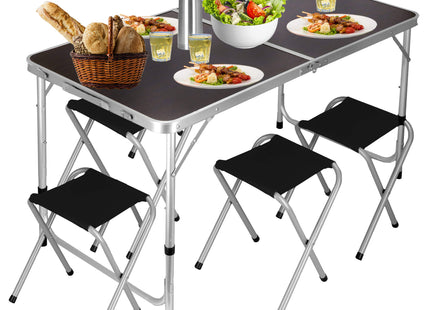 Campingtafel - Inklapbaar -  Verstelbaar Inclusief Stoelen - Donkerbruin/Zwart  - 120 x 60 x 70 cm