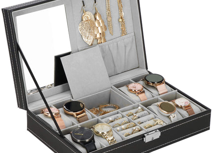 Horlogedoos - Horlogebox - Horlogeopberger - Spiegel - Zwart - Grijs  - 8 Horloges -  30 x 20 x 8 cm