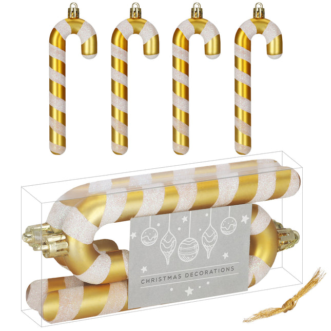 Kersthanger | Zuurstok | Kerstboomhanger | Wit | Goud | Kunststof | 14 cm | 4 Stuks