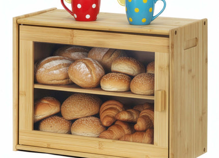 Broodtrommel Voor Op Het Aanrecht - Broodmand - Bamboe Deksel - 2 Laags - Zwart - 20 X 39 X 31 CM