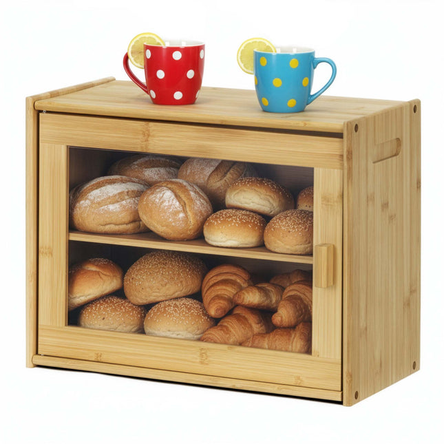 Broodtrommel Voor Op Het Aanrecht - Broodmand - Bamboe Deksel - 2 Laags - Zwart - 20 X 39 X 31 CM