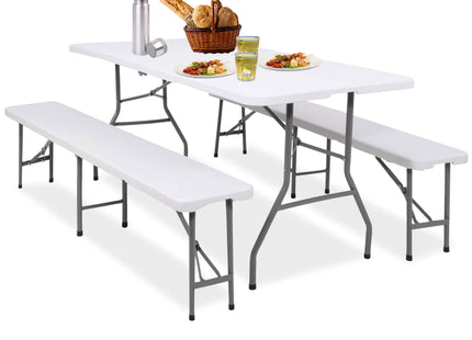 Picknick Tafel Met Bankjes - Campingtafel - Campingset - Biertafel - Horeca - Tafel - Bankjes - Opvouwbaar - Wit - 180 x 74 x74 cm