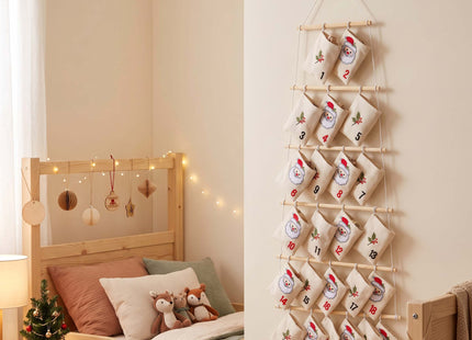Adventskalender 24 Zakjes – Hangende Kerstkalender 100 cm – Vilt en Hout – Herbruikbare Adventskalender om Zelf te Vullen – Meerkleurig