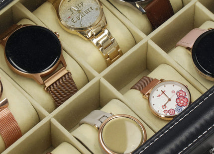 Horlogedoos - Horlogebox - Horlogeopberger - Suède - Zwart - Grijs - 12 Horloges - 30 x 20 x 8 cm