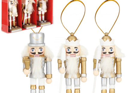Notenkraker Kerst | Houten Soldaat | Kerstversiering | 3 Stuks | Zilver/Wit/Goud | 8 cm